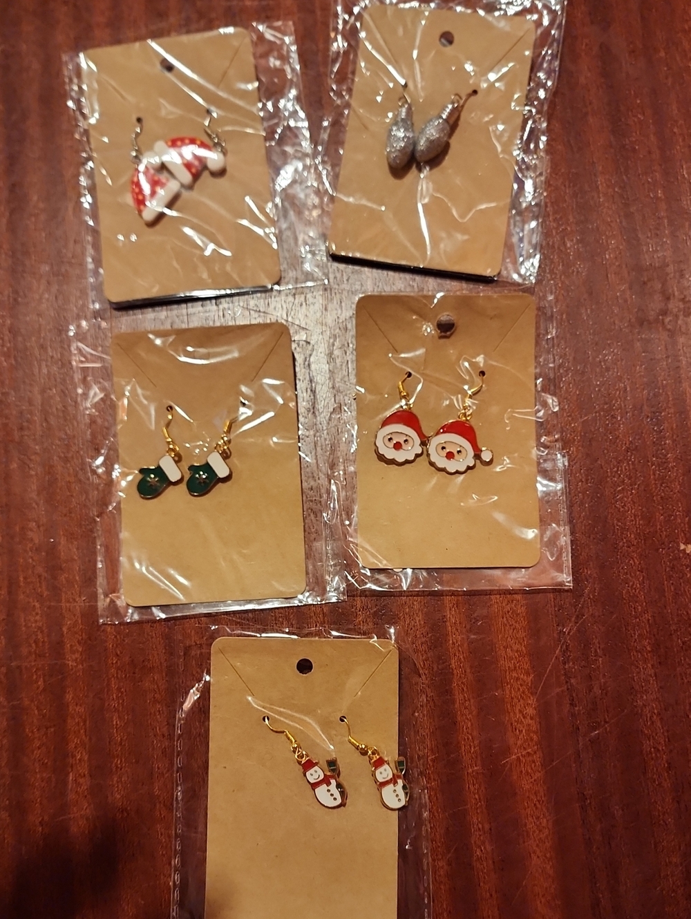 5 Pair Festive Santa and Snowman Holiday Dangle Earrings - Red, White, Green
